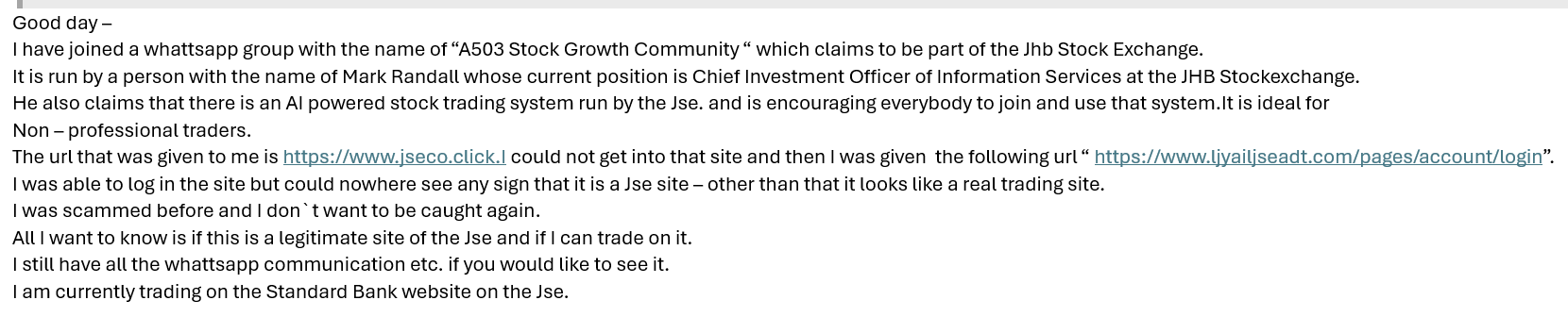 JSE Facebook scam alert