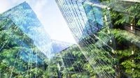 Banner image showing tall buildings with reflections of trees with green leaves as a symbol of the JSE's sustainable development goals