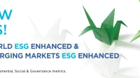 Banner promoting two new ETF listings: Satrix MSCI World Enhanced and Satrix MSCI Emerging Markets ESG Enhanced. There is green origami artwork on the banner to highlight sustainability.