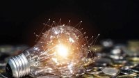 A synthetic image that shows a lightbulb on a flat bed of coins. The light is illuminated and there are lines which intersect in different ways, creating the appearance of geometric shapes.