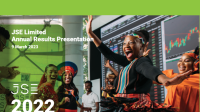 JSE Limited Annual Results Presentation cover page. There is a diverse group of people laughing and dancing and in the background there is a screen showing data related to the stock market.