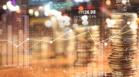 A synthetic image that shows a pile of coins and a line graph that is trending upwards, depicting growth on the currency derivatives market.