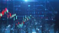 Computer generated image with a blue background that shows 0 and 1 repeated as well as candlestick charts.